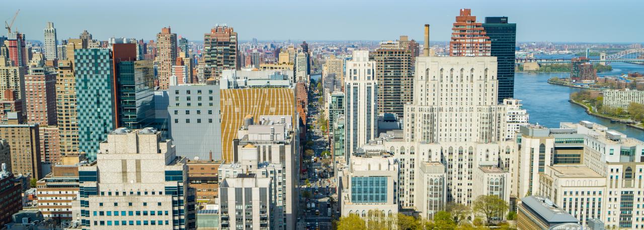 Aerial shot of the Weill Cornell Medicine campus looking north along York Avenue