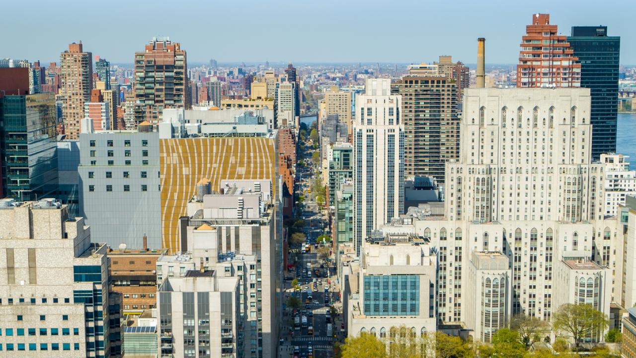 Aerial shot of the Weill Cornell Medicine campus looking north along York Avenue